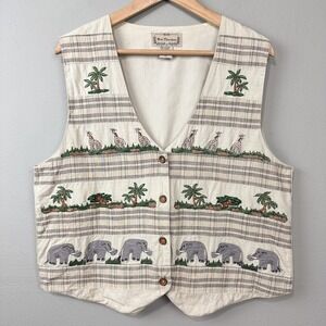 Vintage New Direction Vest Sz L Safari Jungle Animal Embroidery Giraffe Elephant